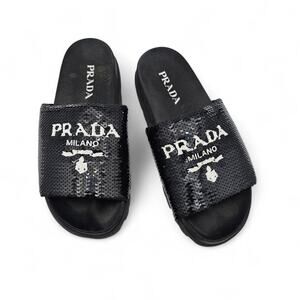 Prada Logo Flat Slide Pool Sandal Black White Sequin Slip On Size 38 US 8
